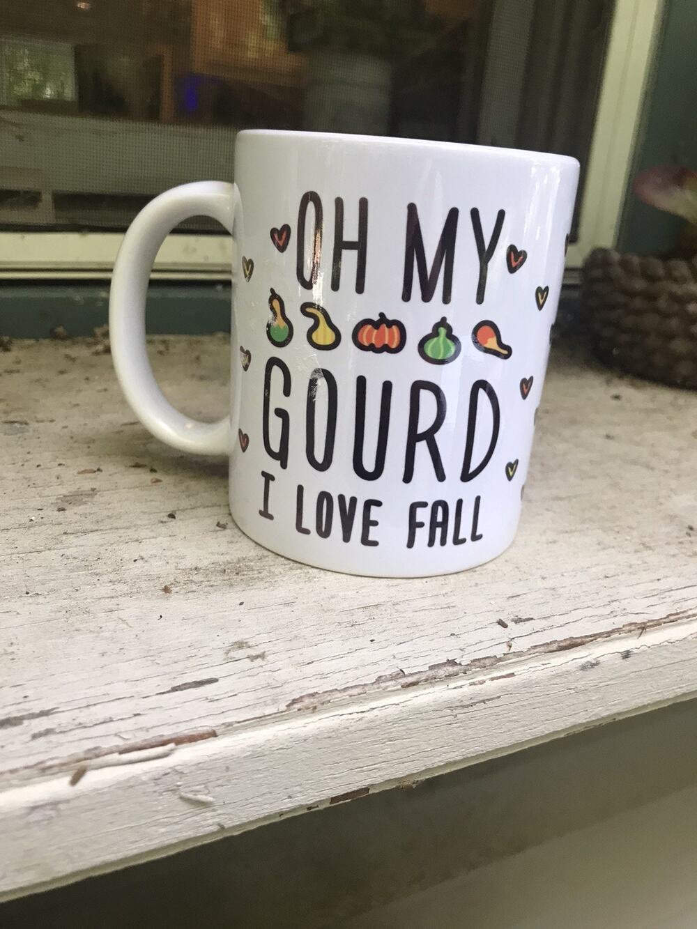 Humorous “Oh My Gourd I Love Fall" White Ceramic Mug For Coffee And Tea.